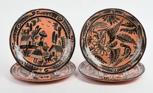 FOUR MEXICAN TLAQUEPAQUE POTTERY DINNER PLATES