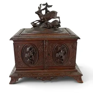 Swiss Black Forest Carved Deer Cigar Cabinet