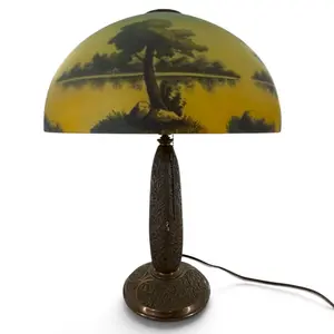 Reverse-Painted Scenic Glass Table Lamp
