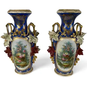 Pair Old Paris Cobalt Floral Porcelain Vases