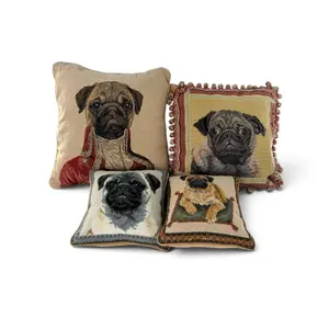 Group of Four Pug Needlepoint Pillows