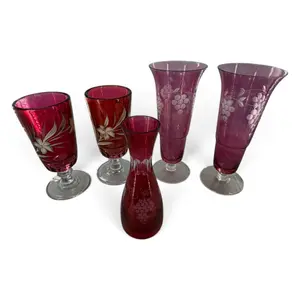 Five Cranberry and Amethyst Glass Vases