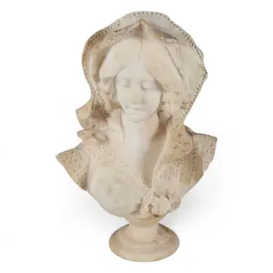 Carved Stone Bust of a Woman in Lace Bonnet