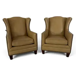 Pair Tan Leather Wingback Club Chairs