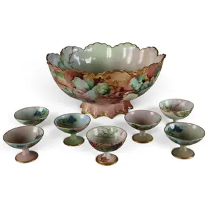 Limoges-Style Grape Punch Bowl and Six Cups