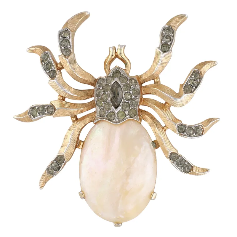 Trifari Gold Tone Mother Of Pearl Rhinestone Spider Brooch from auction in Ravenna, Ohio — image 2