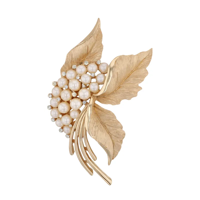Trifari Gold Tone Faux Pearl Rhinestone Leaf Brooch from auction in Ravenna, Ohio — image 11