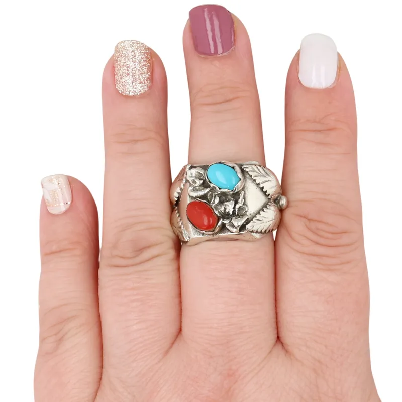 Navajo Sterling Coral Turquoise Ring Sz 10 from auction in Ravenna, Ohio — image 42