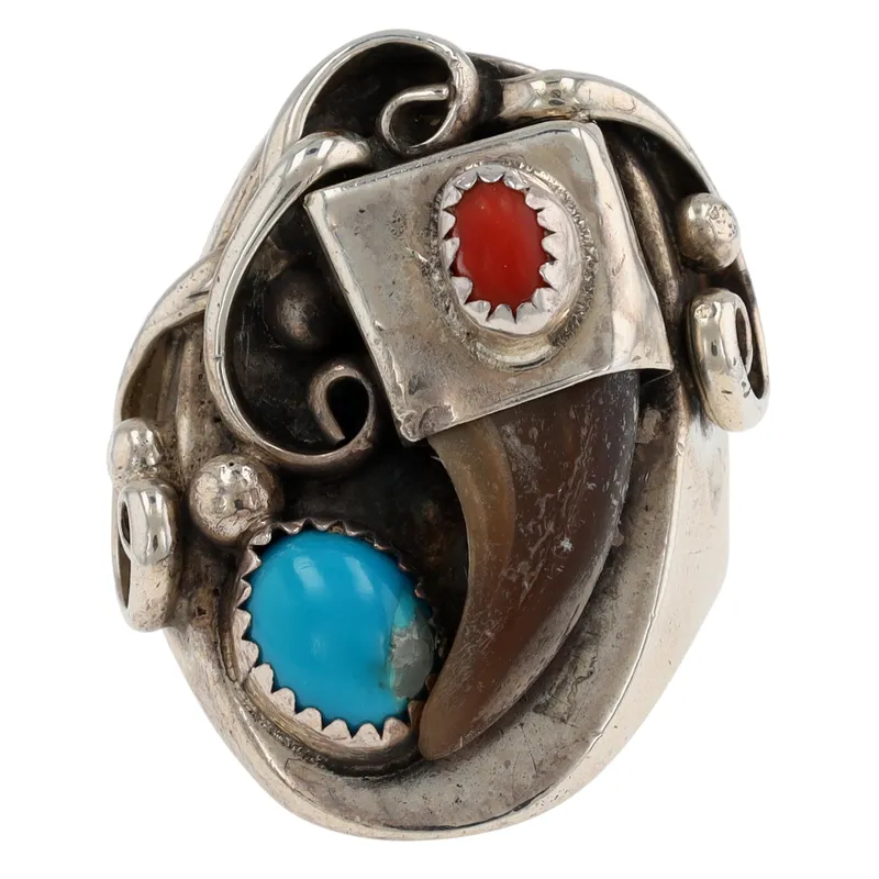 Vintage Navajo Sterling Turquoise Coral Claw Ring Sz 8.5 from auction in Ravenna, Ohio — image 5
