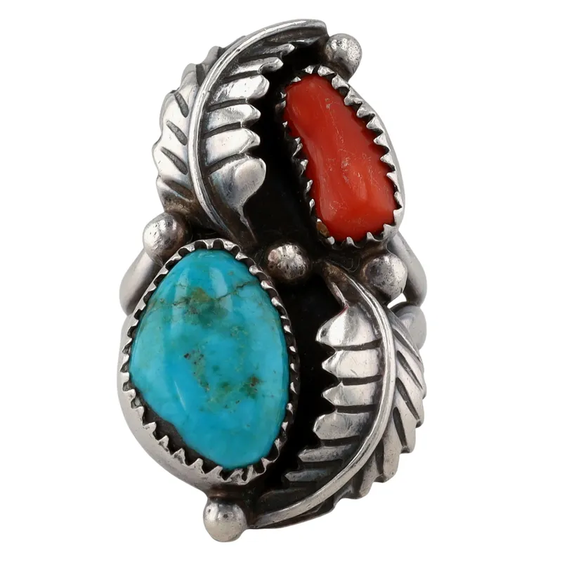 Vintage Navajo Sterling Turquoise Coral Ring Sz 6 from auction in Ravenna, Ohio — image 10