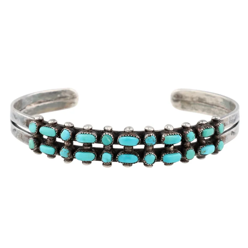 Vintage Zuni Sterling Double Row Turquoise Cuff Bracelet from auction in Ravenna, Ohio — image 11