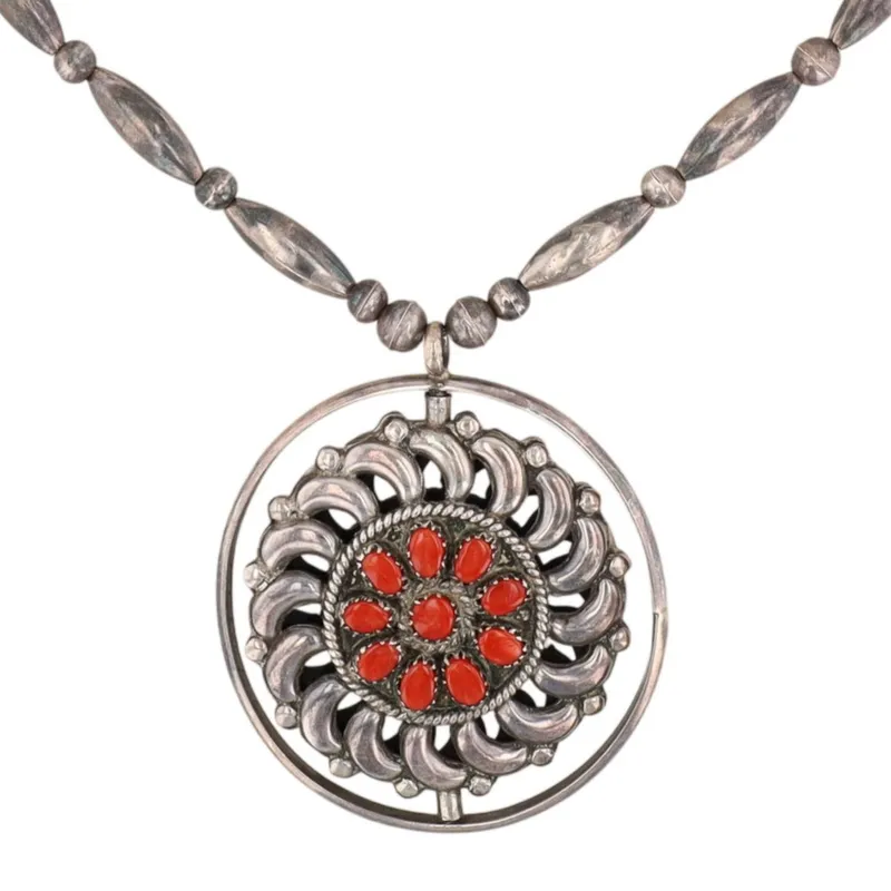 Vintage Fred & Elsie Lonconsello Zuni Sterling Reversible Turquoise Coral Spinner Necklace from auction in Ravenna, Ohio — image 12