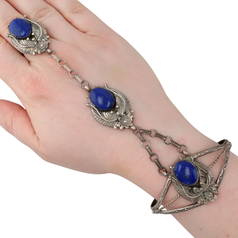 Signed Navajo Sterling Lapis Lazuli Slave Cuff Bracelet and Ring Sz 7.5 from auction in Ravenna, Ohio — image 16