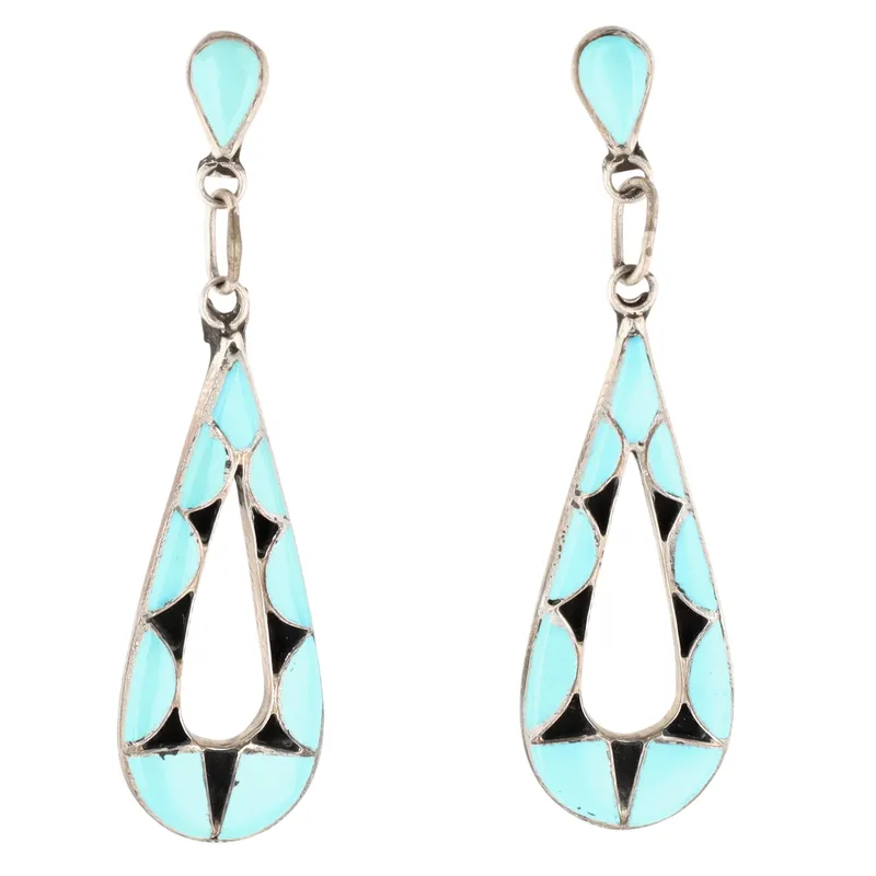 Signed Navajo Sterling Turquoise Inlay Dangle Earrings from auction in Ravenna, Ohio — image 18