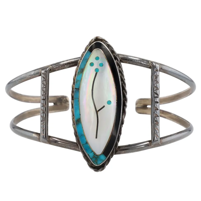 Vintage Zuni Sterling Multi-Stone Inlay Flower Cuff Bracelet from auction in Ravenna, Ohio — image 21