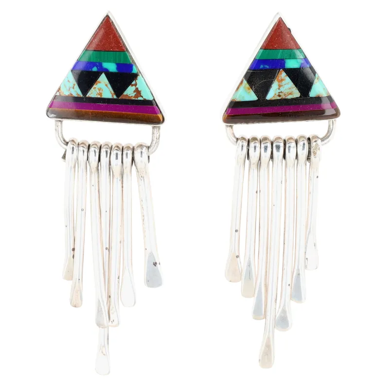Signed Navajo Sterling Multi-Stone Inlay Fringe Earrings from auction in Ravenna, Ohio — image 38
