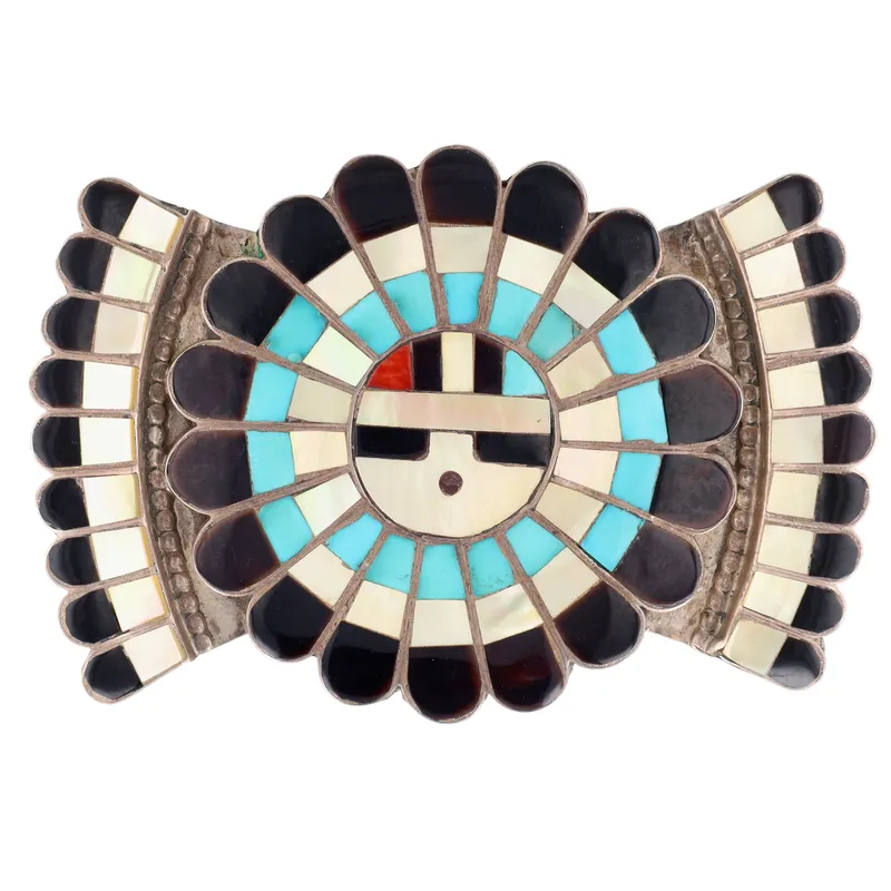 Vintage Jose & Dora Massie Zuni Sterling Multi-Stone Inlay Sunface Belt Buckle from auction in Ravenna, Ohio — image 47