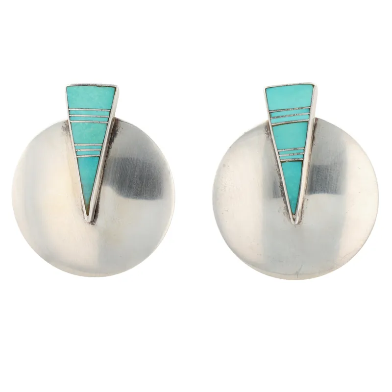 Ray Tracey Navajo & Knifewing Segura Apache Sterling Turquoise Inlay Earrings from auction in Ravenna, Ohio — image 43