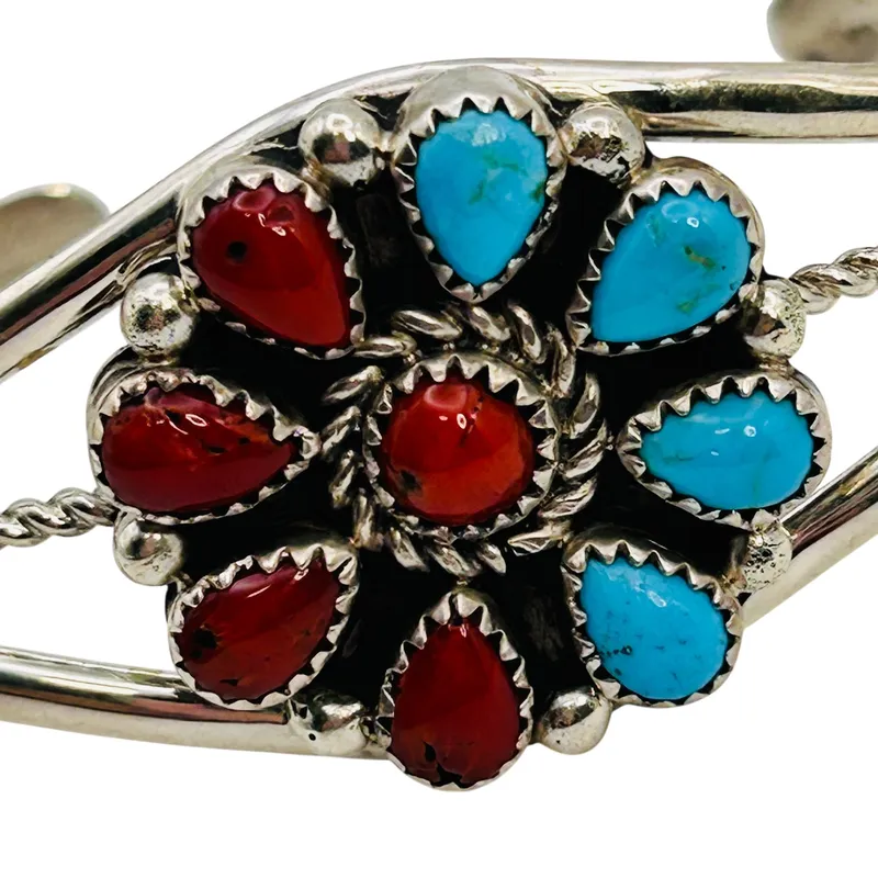 Darlene Begay Navajo Sterling Turquoise Coral Cuff from auction in Ravenna, Ohio — image 2