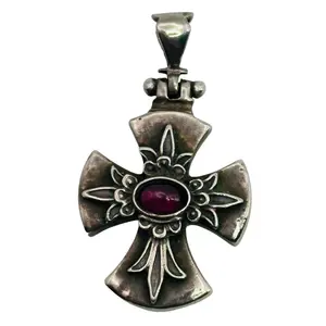 Signed Sterling Garnet Decorative Cross Pendant