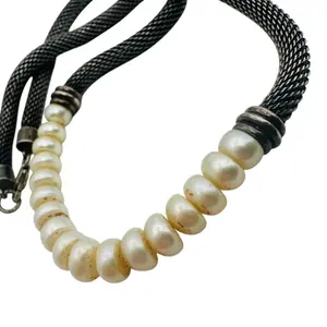 Sterling Pearl Mesh Chain Necklace