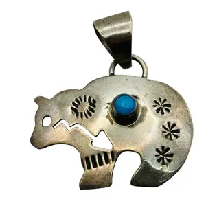Signed Native Sterling Turquoise Spirit Bear Pendant