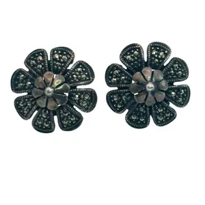 Signed Sterling Marcasite Flower Earrings