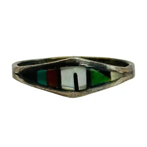 Signed Zuni Sterling Inlay Multi Stone Ring Sz 7