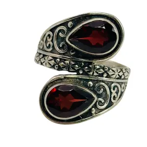 Signed Sterling Garnet Bypass Ring Sz 7