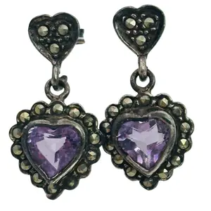 Sterling Amethyst Marcasite Heart Earrings
