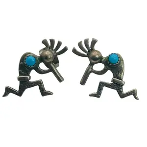 Signed Native Sterling Kokopelli Turquoise Earrings