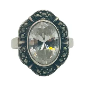 Sterling Rhinestone Marcasite Ring Sz 9