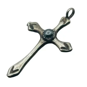 Native Sterling Hematite Stamped Cross Pendant