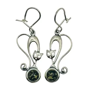 Sterling Amber Cat Earrings