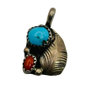 Navajo Vintage Sterling Turquoise Coral Pendant