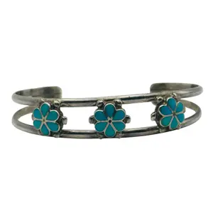Zuni Native Sterling Inlay Turquoise Cuff Bracelet
