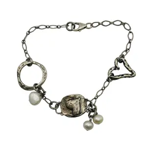 Sterling Pearl And Heart Charm Bracelet