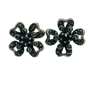 Sterling Garnet Marcasite Flower Earrings
