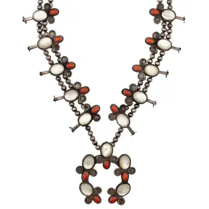 Vintage Navajo Sterling Mother of Pearl Coral Squash Blossom Necklace
