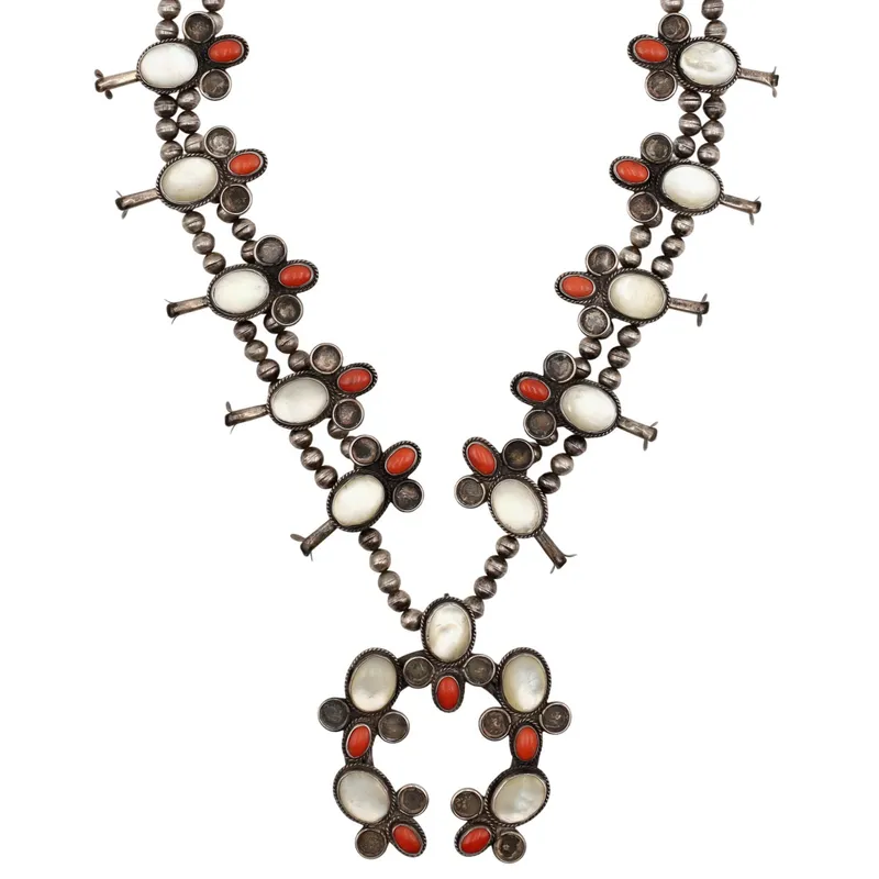 Vintage Navajo Sterling Mother of Pearl Coral Squash Blossom Necklace from auction in Ravenna, Ohio — image 2