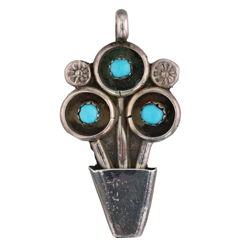 Vintage Zuni Sterling Turquoise Flower Pot Pendant from auction in Ravenna, Ohio — image 6