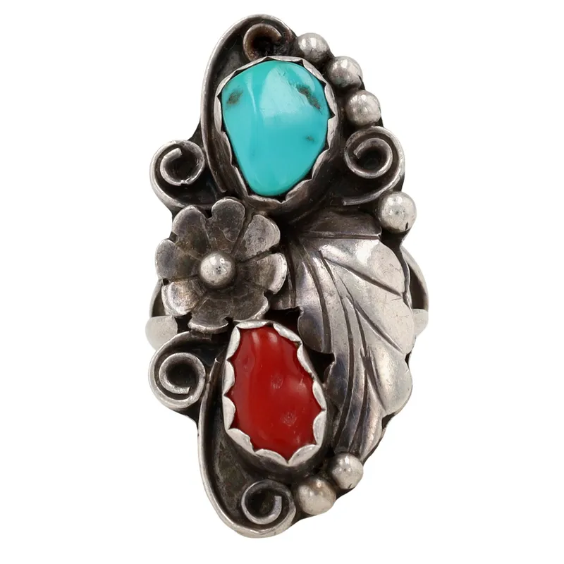 Navajo Sterling Turquoise Coral Ring Sz 5 from auction in Ravenna, Ohio — image 15