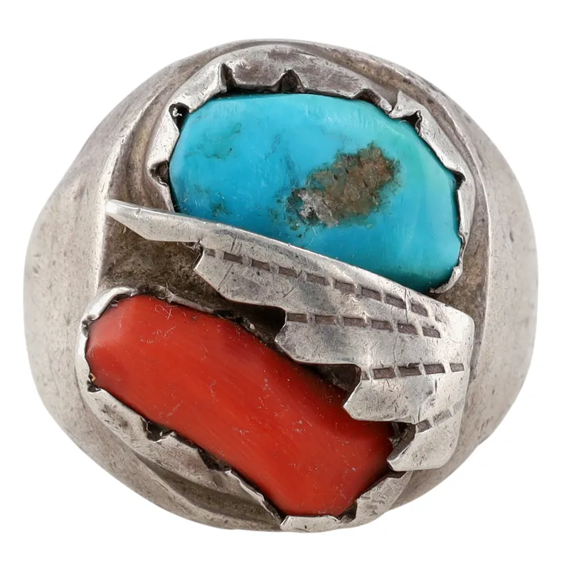 Vintage Navajo Sterling Turquoise Coral Ring Sz 10.5 from auction in Ravenna, Ohio — image 11