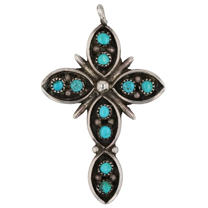Vintage Signed Zuni Sterling Turquoise Snake Eye Cross Pendant from auction in Ravenna, Ohio — image 16