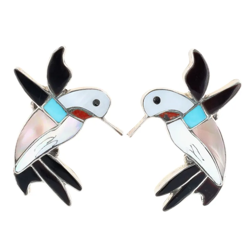 Signed Zuni Sterling Multi-Stone Inlay Hummingbird Earrings from auction in Ravenna, Ohio — image 14