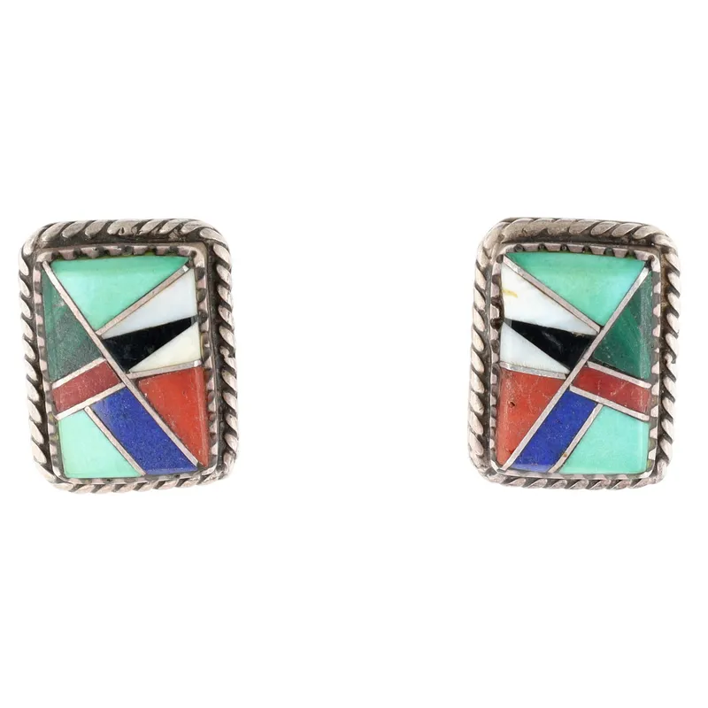 Calvin Begay Navajo Sterling Multi-Stone Inlay Earrings from auction in Ravenna, Ohio — image 19