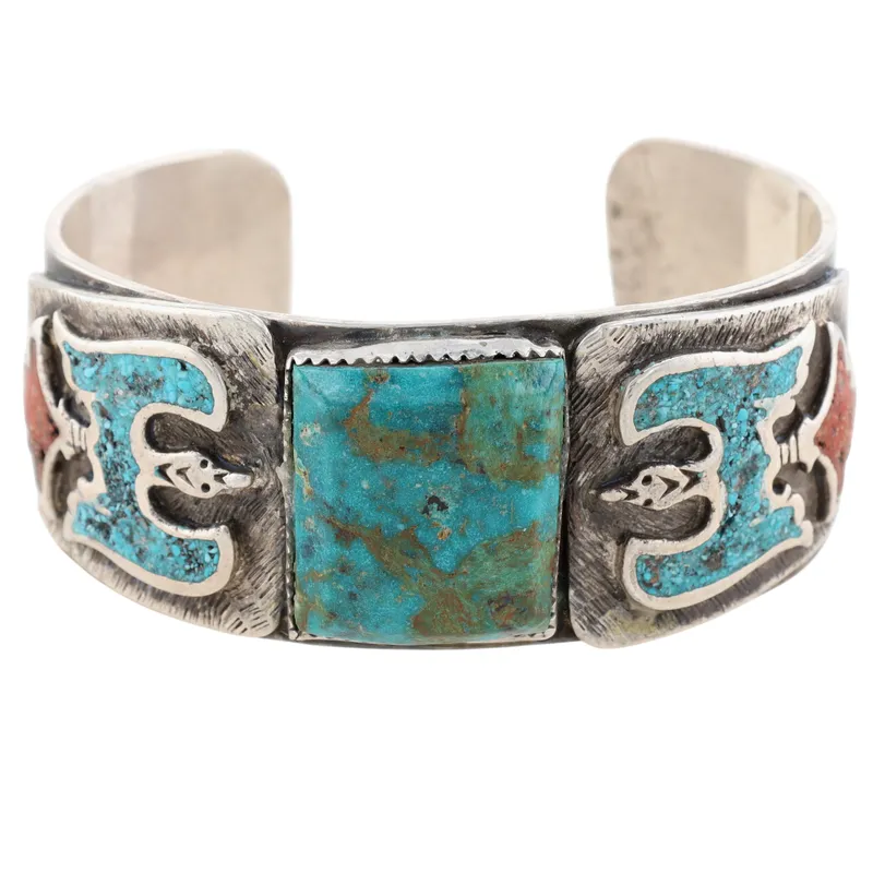 Vintage Navajo Sterling Multi-Stone Peyote Bird Cuff Bracelet from auction in Ravenna, Ohio — image 18