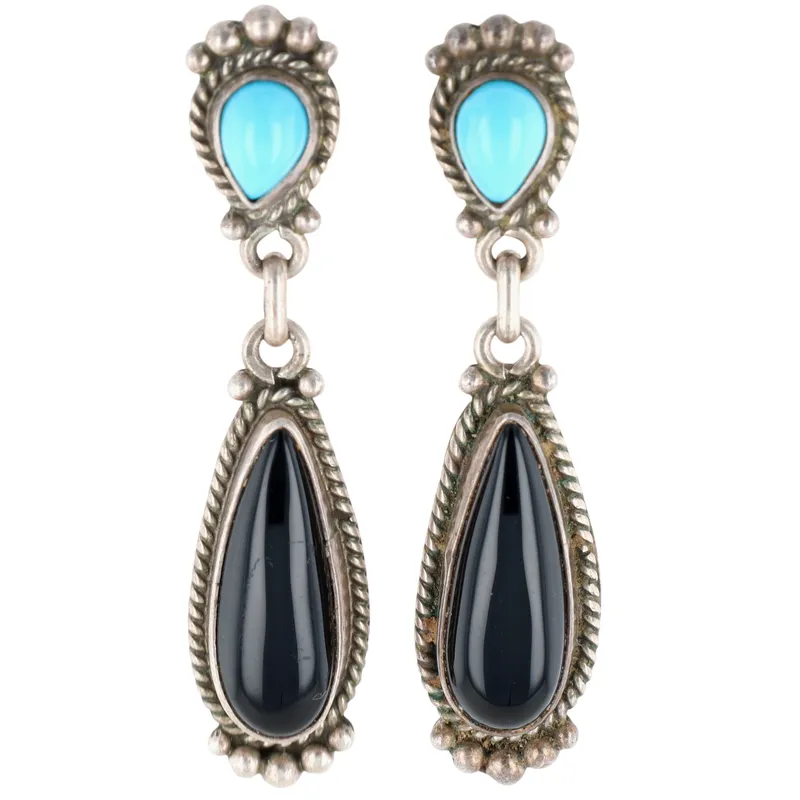 Signed Navajo Sterling Turquoise Onyx Dangle Earrings from auction in Ravenna, Ohio — image 4