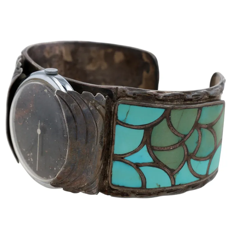 Tony Ohmsatte Zuni Sterling Turquoise Fish Scale Inlay Watch Cuff Bracelet from auction in Ravenna, Ohio — image 28