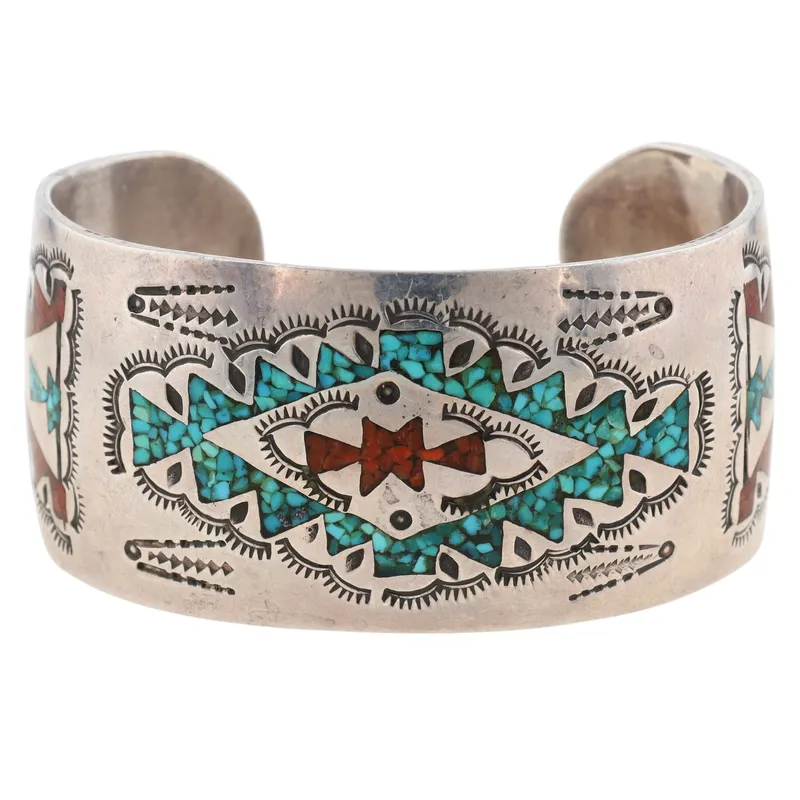 Hyson Craig Navajo Sterling Turquoise Coral Chip Inlay Cuff Bracelet from auction in Ravenna, Ohio — image 48